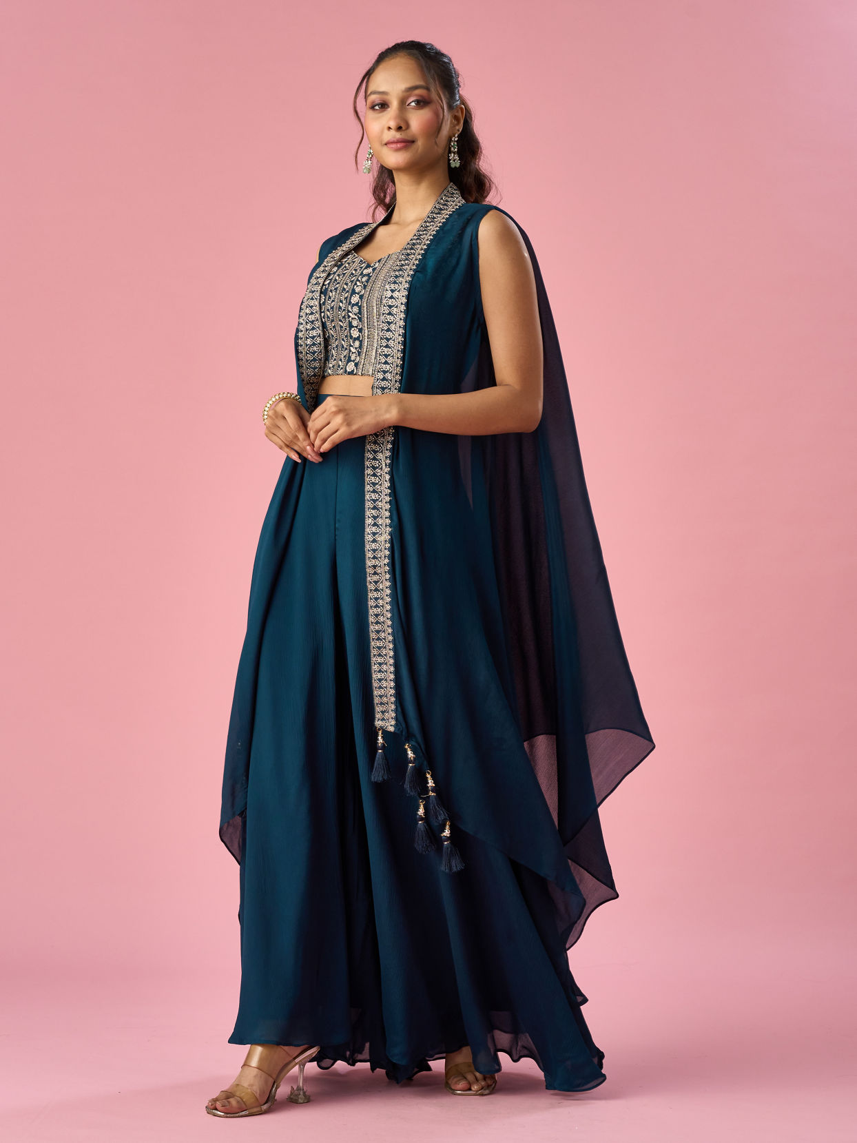 Mohey Women Blue Chinon Indo Western with Embroidery
