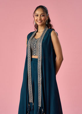 Mohey Women Blue Chinon Indo Western with Embroidery
