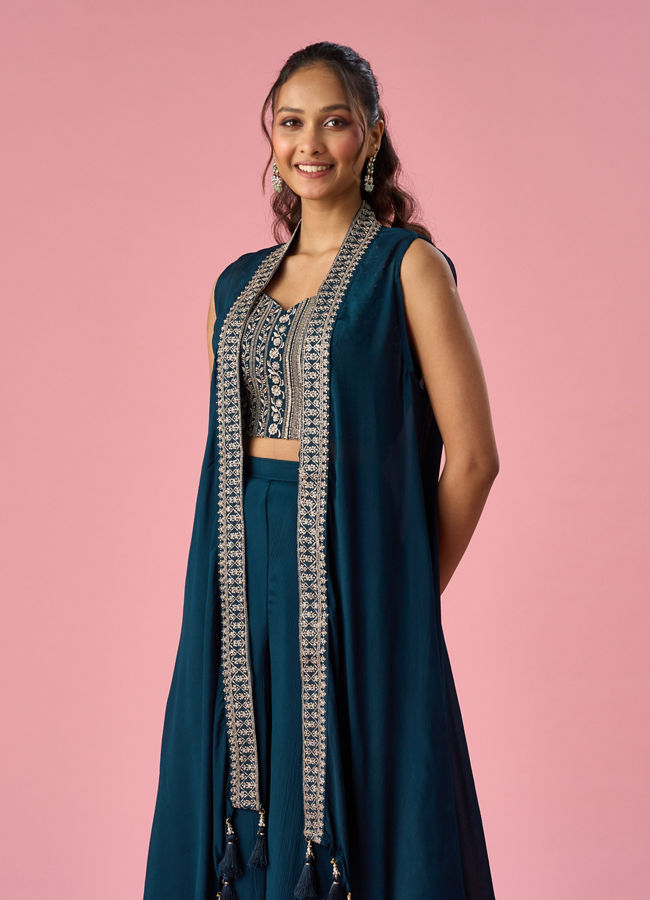 Mohey Women Blue Chinon Indo Western with Embroidery