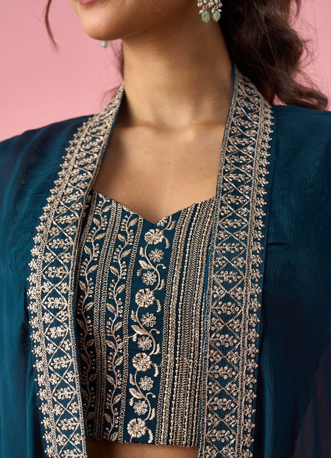 Mohey Women Blue Chinon Indo Western with Embroidery
