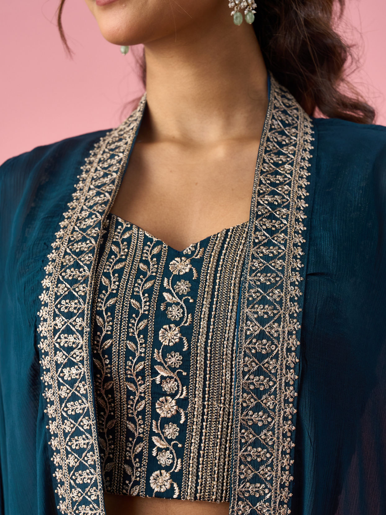 Mohey Women Blue Chinon Indo Western with Embroidery