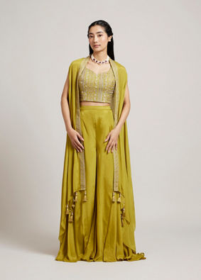 Mohey Women Olive Green Asymmetric Indo Western Set with Floral Embroidered Blouse & Tassled Cape