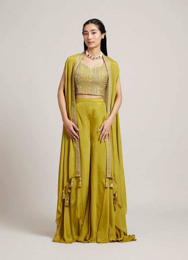 Mohey Women Olive Green Asymmetric Indo Western Set with Floral Embroidered Blouse & Tassled Cape