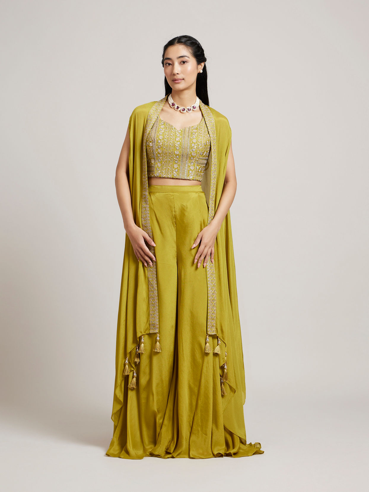 Mohey Women Olive Green Asymmetric Indo Western Set with Floral Embroidered Blouse & Tassled Cape