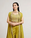 Mohey Women Olive Green Asymmetric Indo Western Set with Floral Embroidered Blouse & Tassled Cape