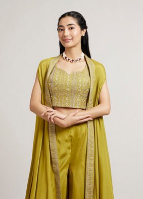 Mohey Women Olive Green Asymmetric Indo Western Set with Floral Embroidered Blouse & Tassled Cape