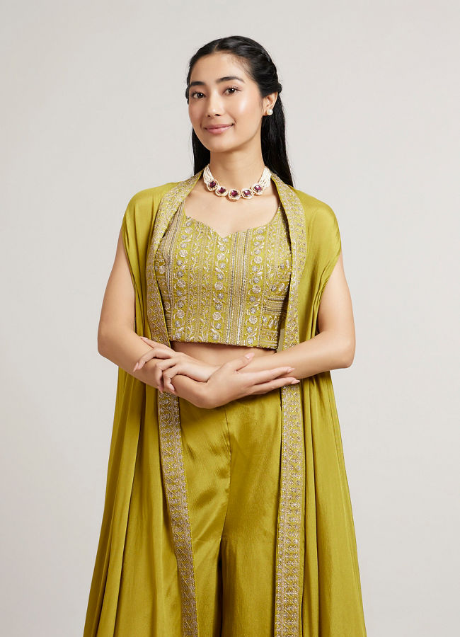 Mohey Women Olive Green Asymmetric Indo Western Set with Floral Embroidered Blouse & Tassled Cape