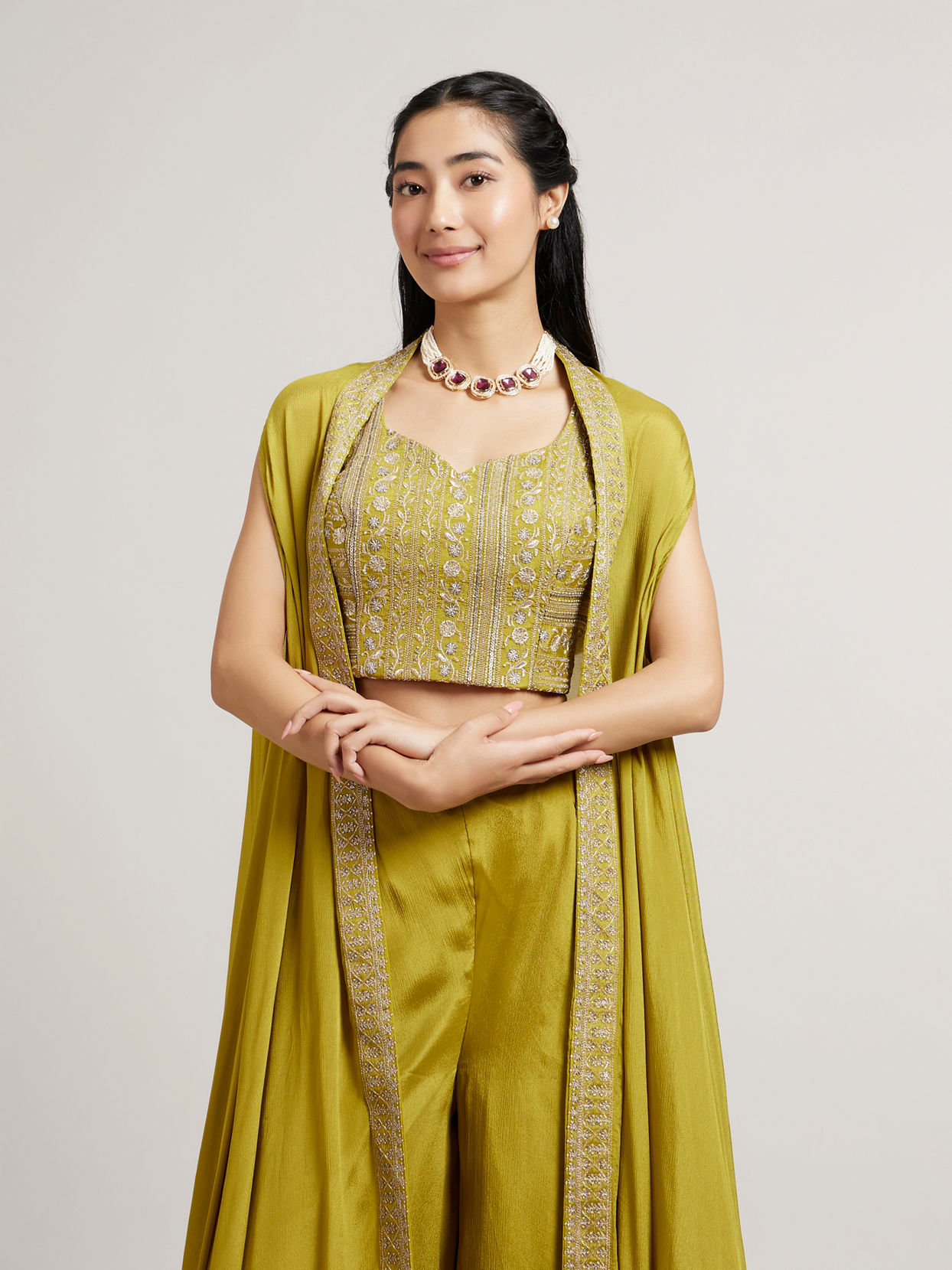 Mohey Women Olive Green Asymmetric Indo Western Set with Floral Embroidered Blouse & Tassled Cape