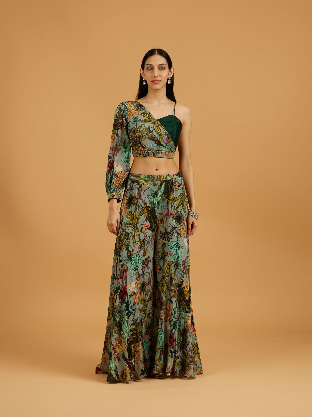 Mohey Women Sea Green Botanical Printed Indo Western Set with Embroidered Waist Belt