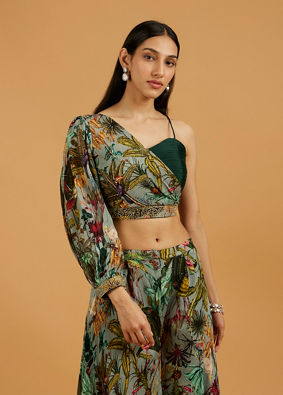 Mohey Women Sea Green Botanical Printed Indo Western Set with Embroidered Waist Belt
