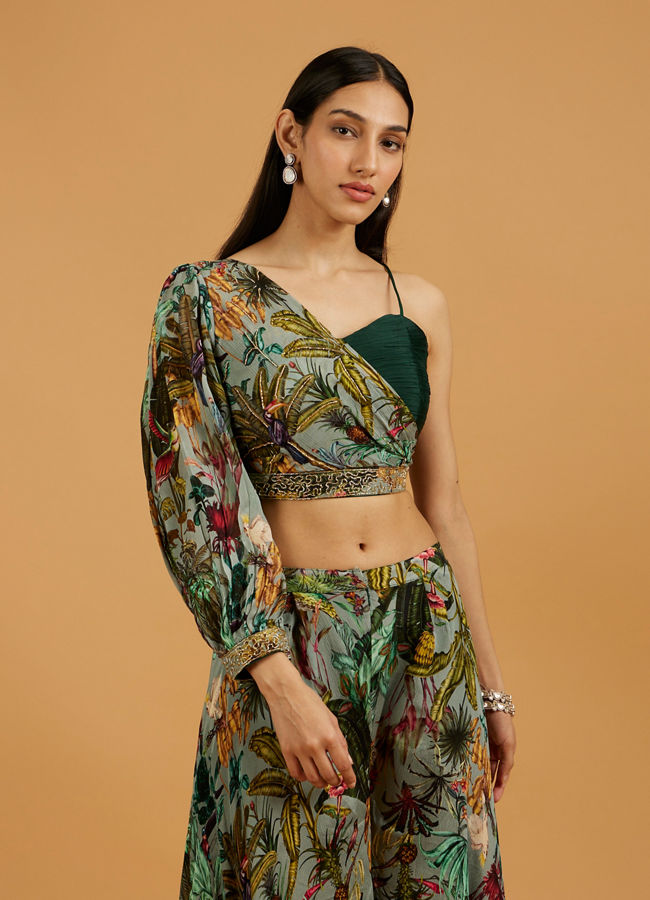 Mohey Women Sea Green Botanical Printed Indo Western Set with Embroidered Waist Belt