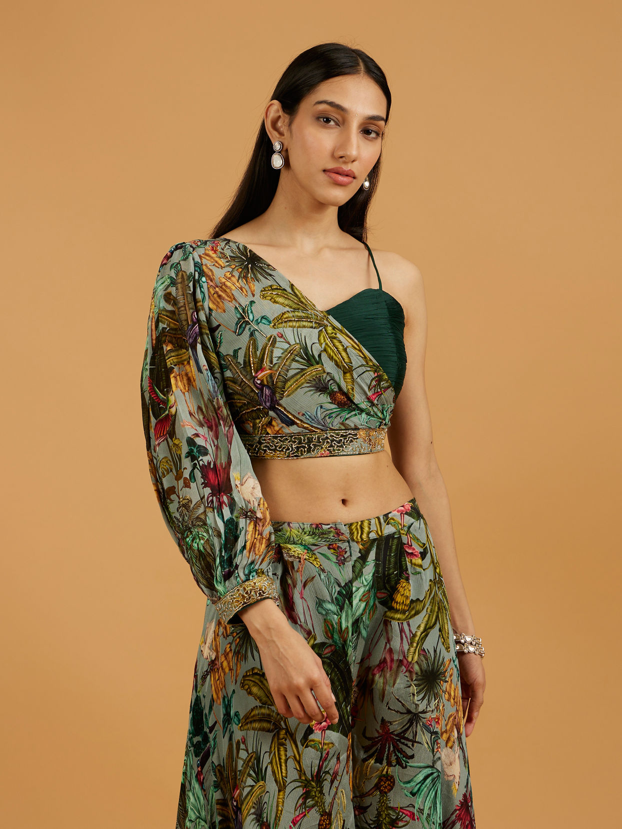 Mohey Women Sea Green Botanical Printed Indo Western Set with Embroidered Waist Belt