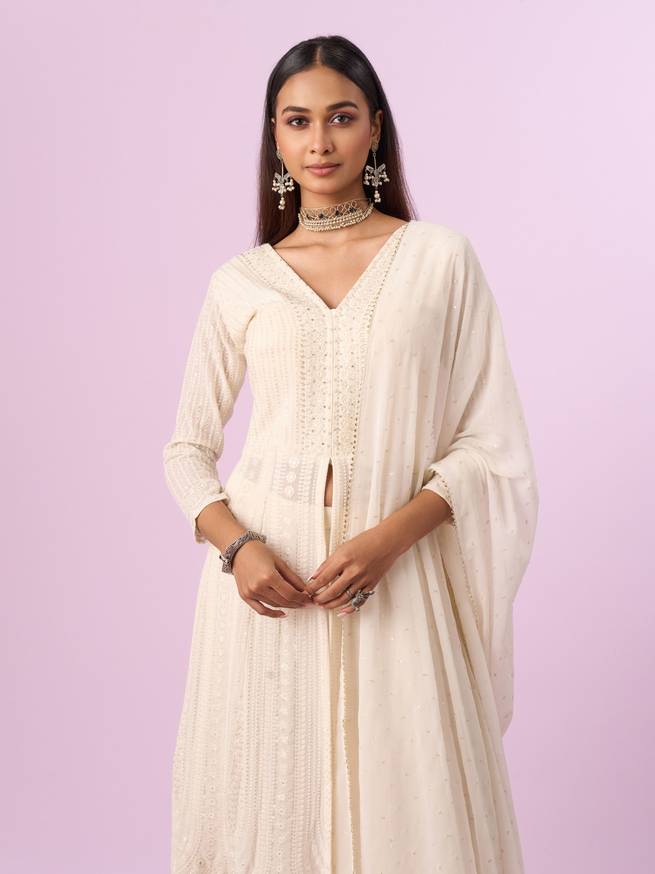 Mohey Women Regal Cream Georgette Anarkali Suit