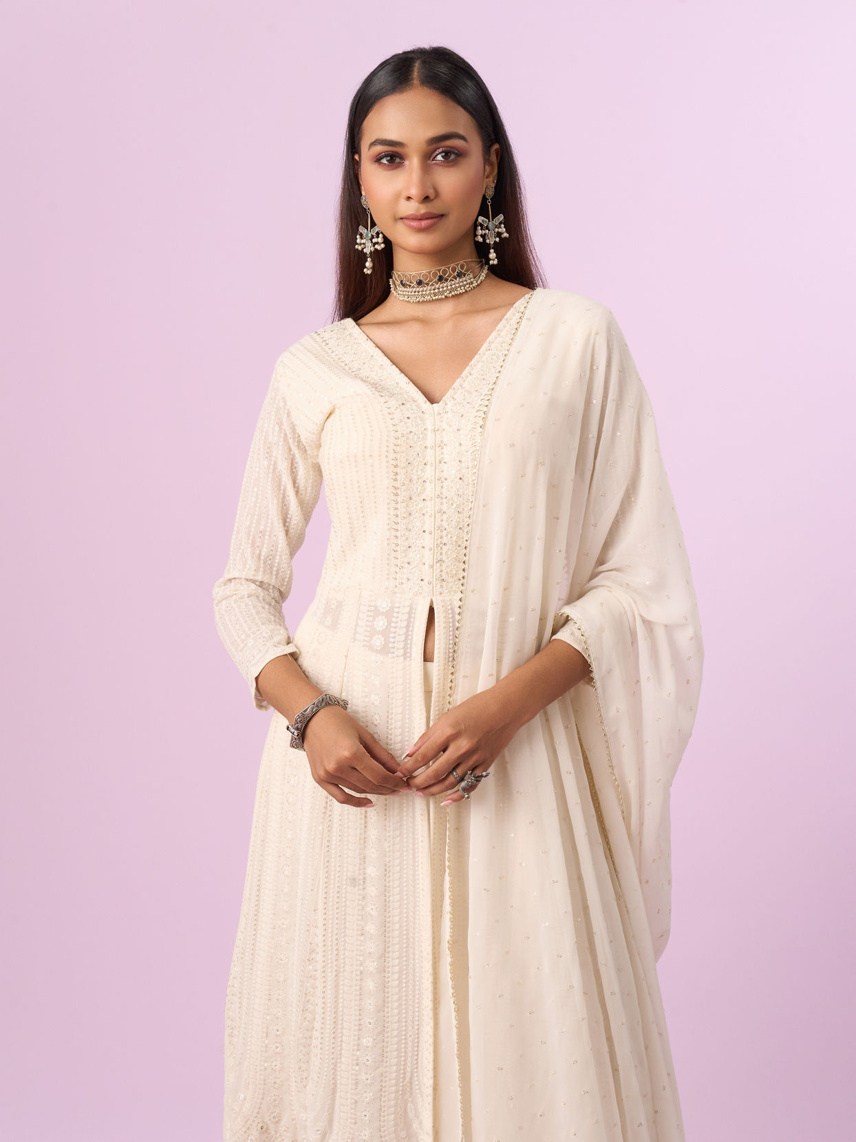 Mohey Women Regal Cream Georgette Anarkali Suit