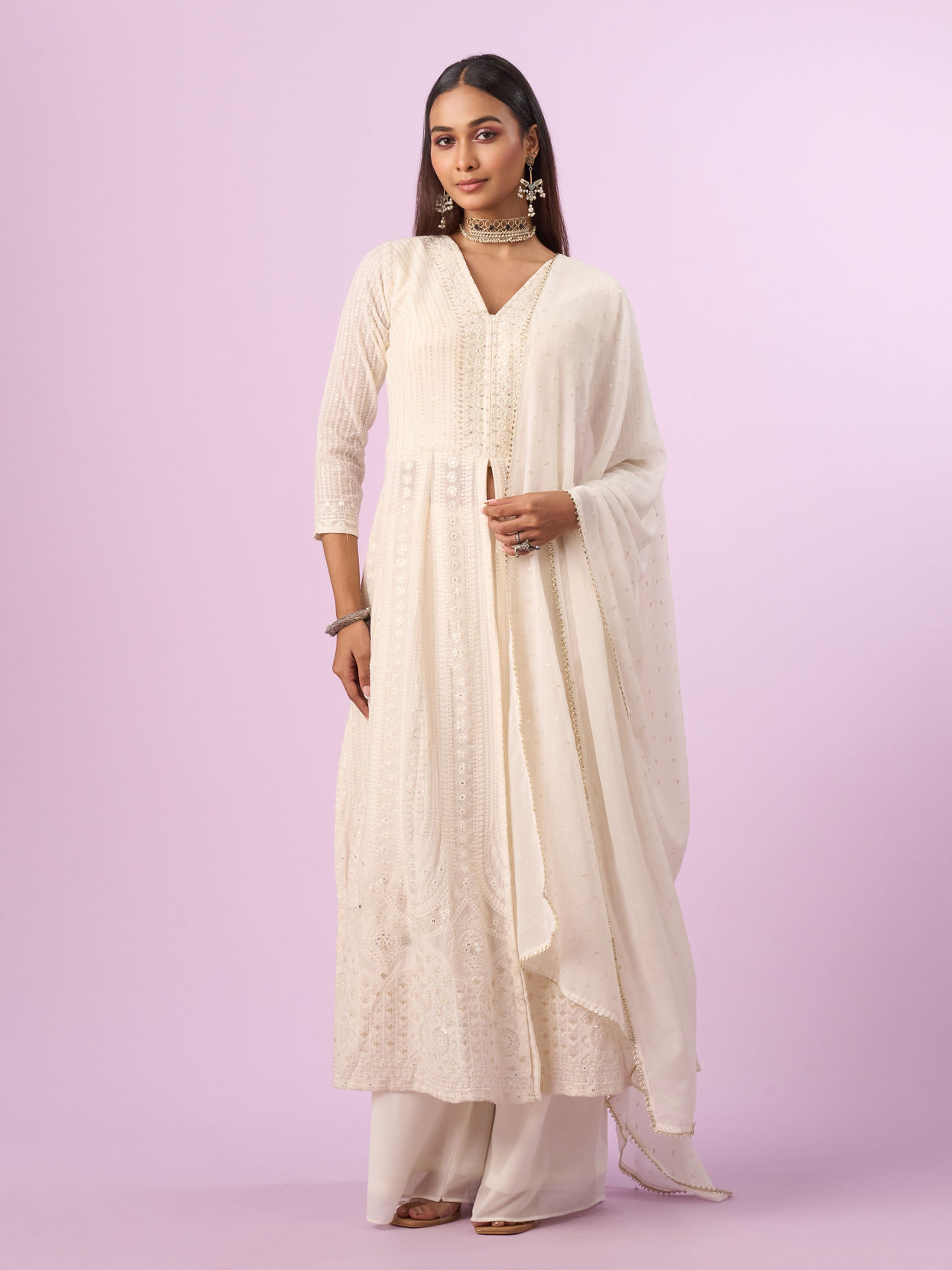 Mohey Women Regal Cream Georgette Anarkali Suit