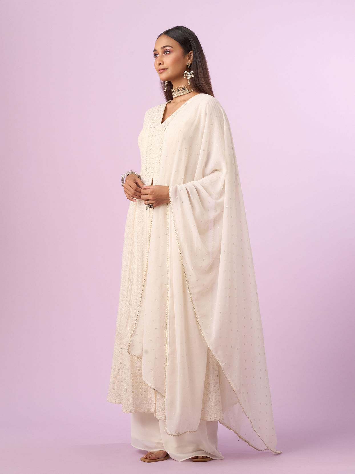 Mohey Women Regal Cream Georgette Anarkali Suit