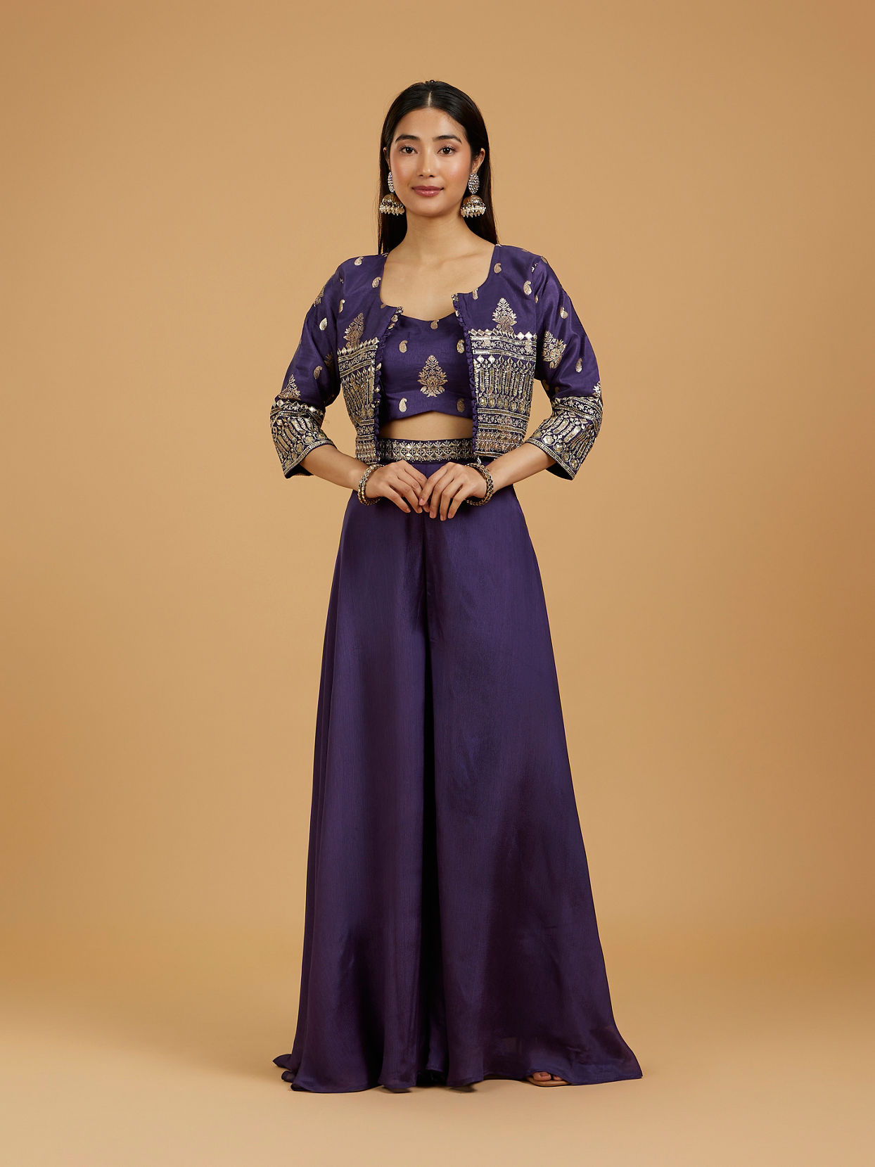 Mohey Women Purple Chinon Ensemble Indo Western