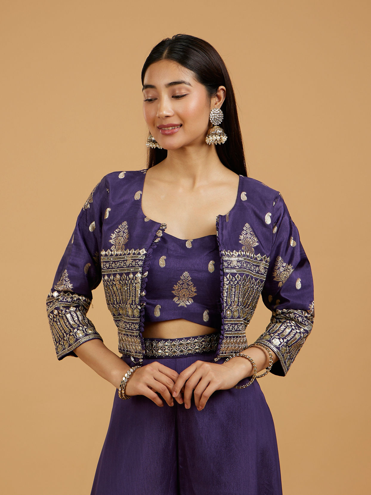 Mohey Women Purple Chinon Ensemble Indo Western