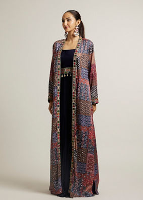 alt message - Mohey Women Indigo Blue Imperial Print Long Suit with Sequin Work image number 2