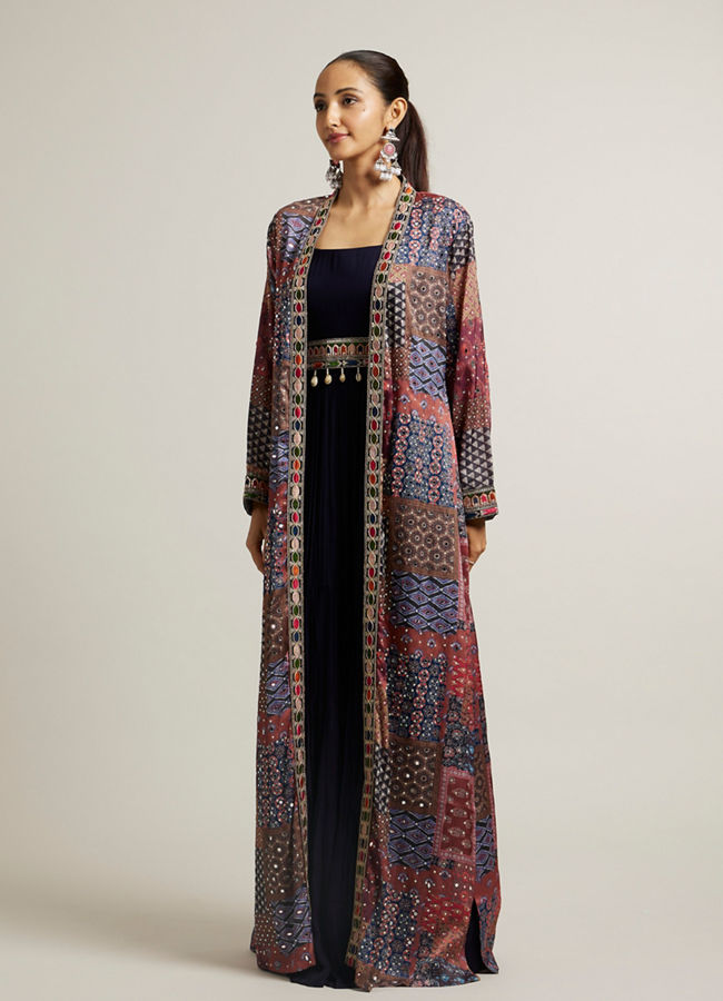 alt message - Mohey Women Indigo Blue Imperial Print Long Suit with Sequin Work image number 2