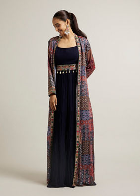 Mohey Women Indigo Blue Imperial Print Long Indo Western with Sequin Work