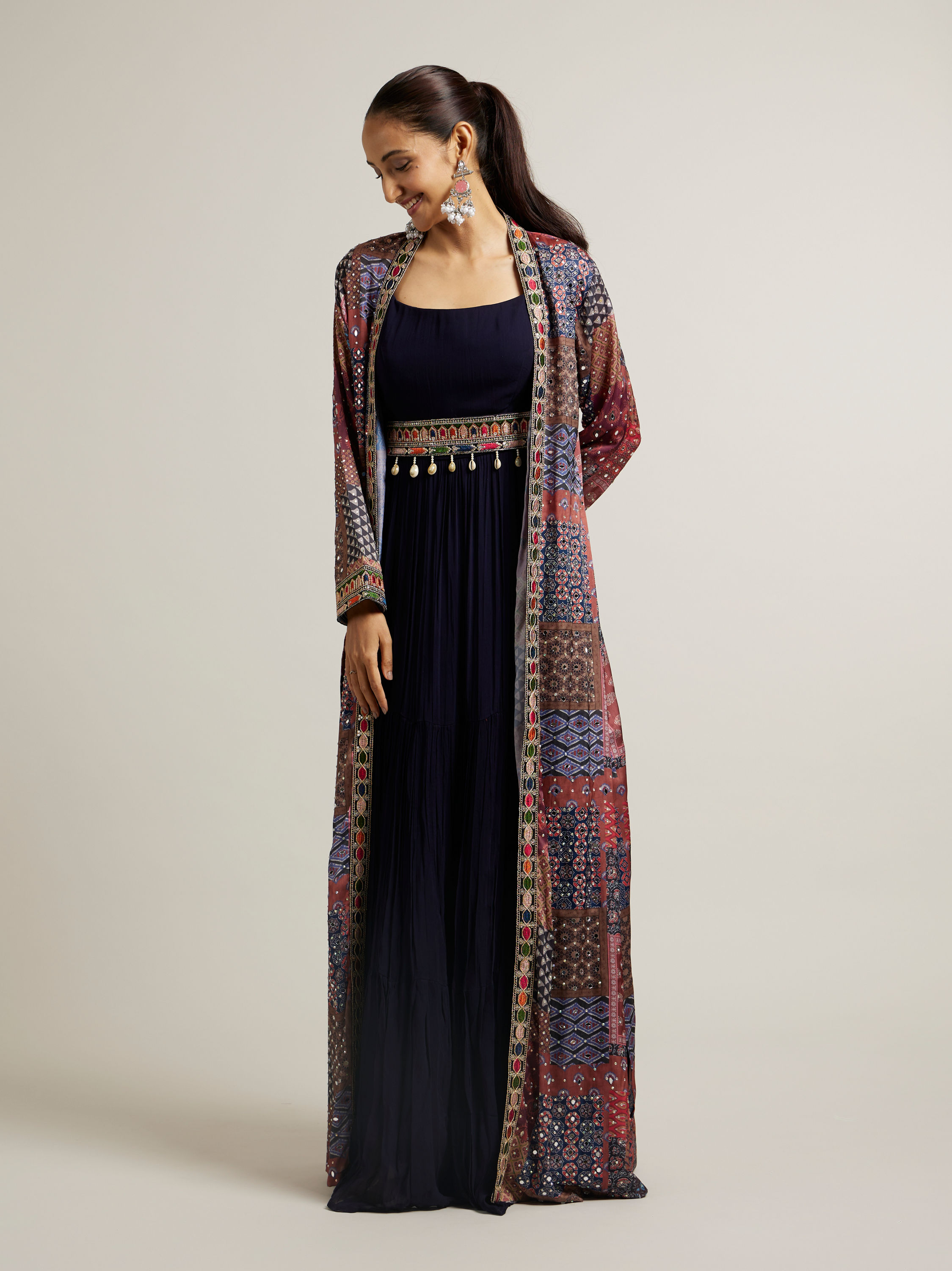 Mohey Women Indigo Blue Imperial Print Long Indo Western with Sequin Work