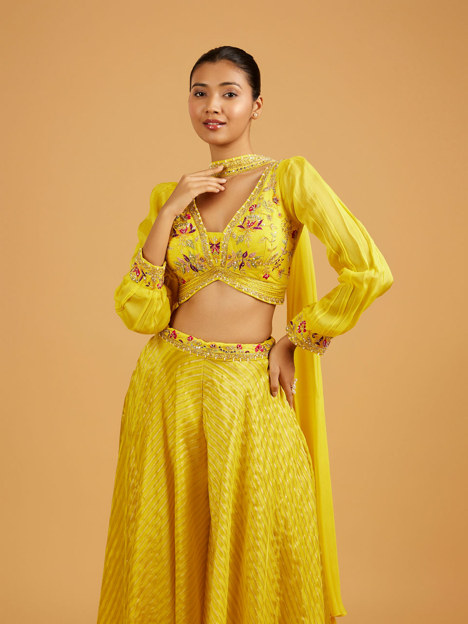 Mohey Women Sunshine Yellow Striped Patterned Indo Western with Floral Embroidery