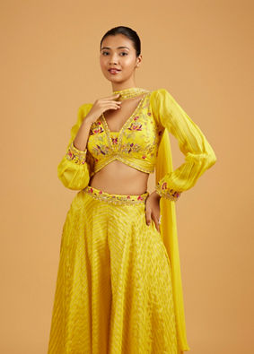 Mohey Women Sunshine Yellow Striped Patterned Indo Western with Floral Embroidery