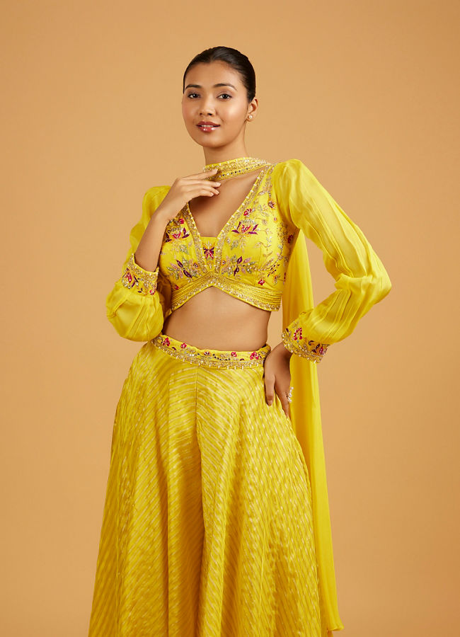 Mohey Women Sunshine Yellow Striped Patterned Indo Western with Floral Embroidery