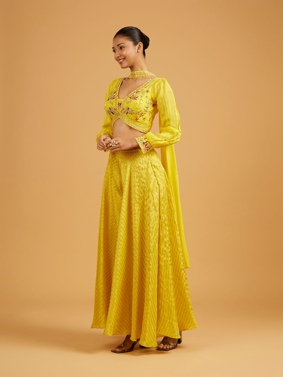 Mohey Women Sunshine Yellow Striped Patterned Indo Western with Floral Embroidery