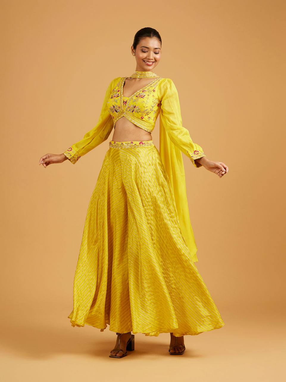 Mohey Women Sunshine Yellow Striped Patterned Indo Western with Floral Embroidery