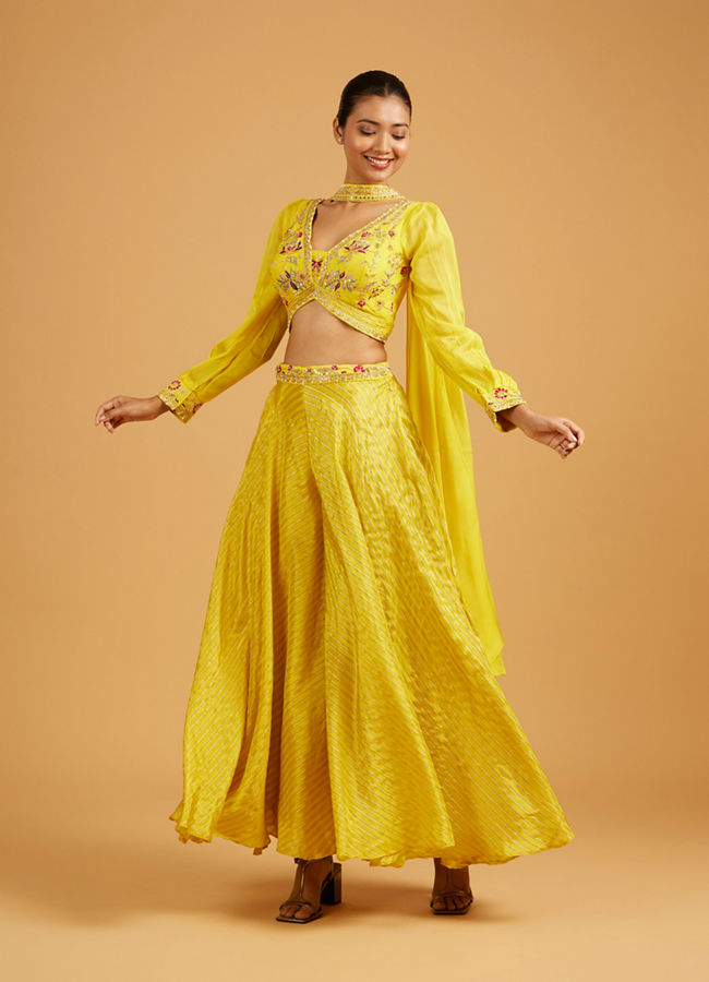 Mohey Women Sunshine Yellow Striped Patterned Indo Western with Floral Embroidery