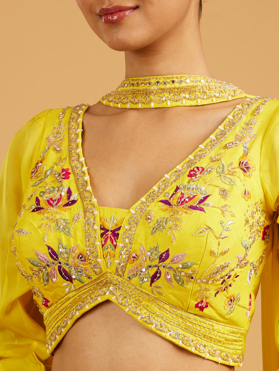 Mohey Women Sunshine Yellow Striped Patterned Indo Western with Floral Embroidery