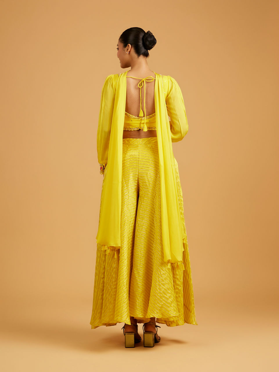 Mohey Women Sunshine Yellow Striped Patterned Indo Western with Floral Embroidery