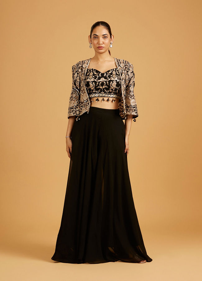Mohey Women Midnight Black Bel Buti Embroidered Indo Western with Bird Motifs And Sequin Work