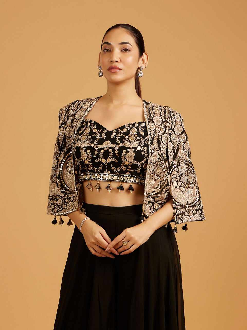Mohey Women Midnight Black Bel Buti Embroidered Indo Western with Bird Motifs And Sequin Work