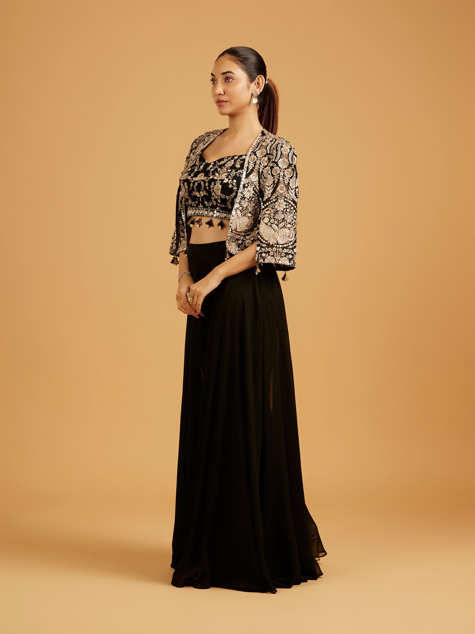 Mohey Women Midnight Black Bel Buti Embroidered Indo Western with Bird Motifs And Sequin Work
