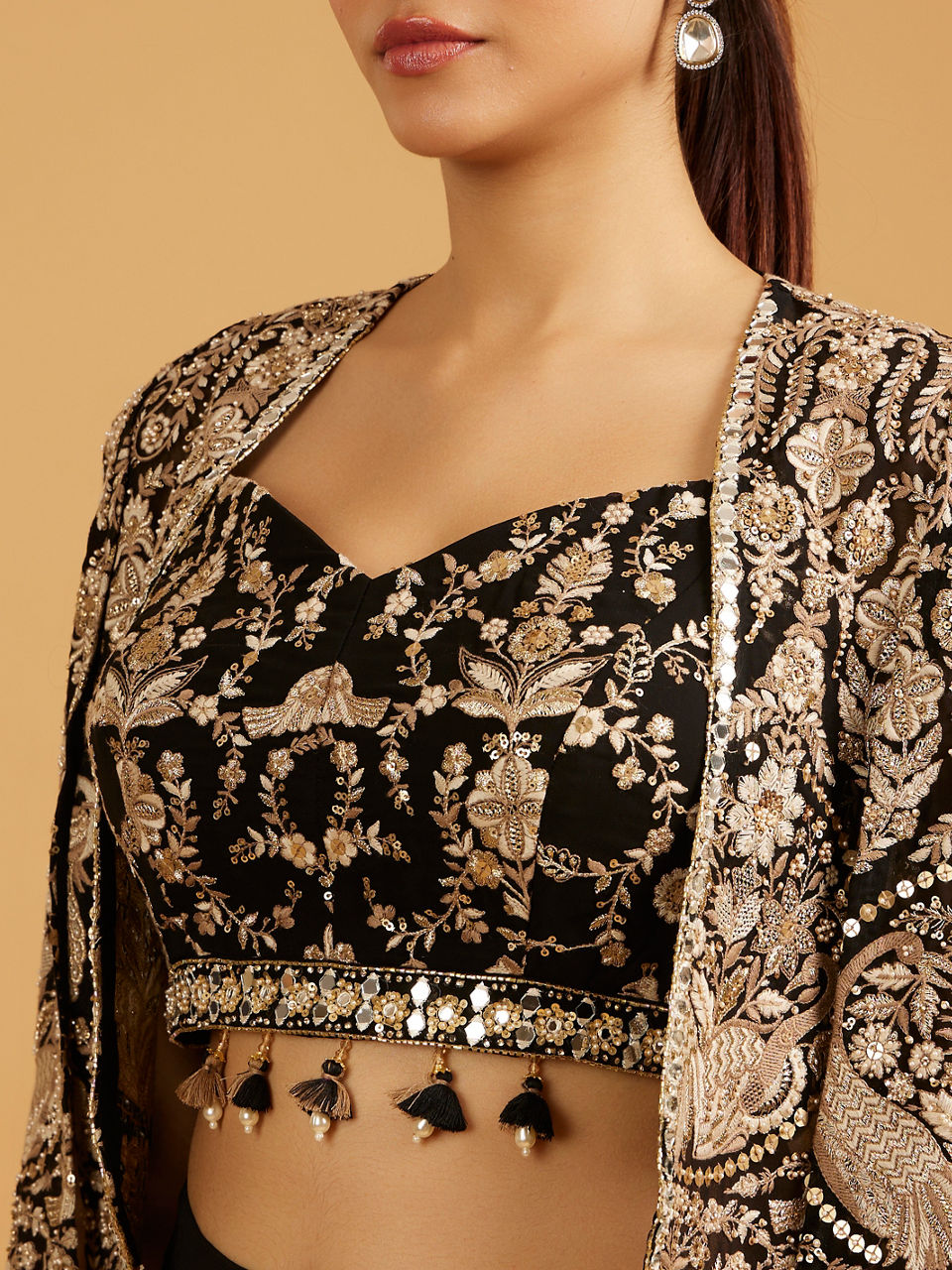 Mohey Women Midnight Black Bel Buti Embroidered Indo Western with Bird Motifs And Sequin Work