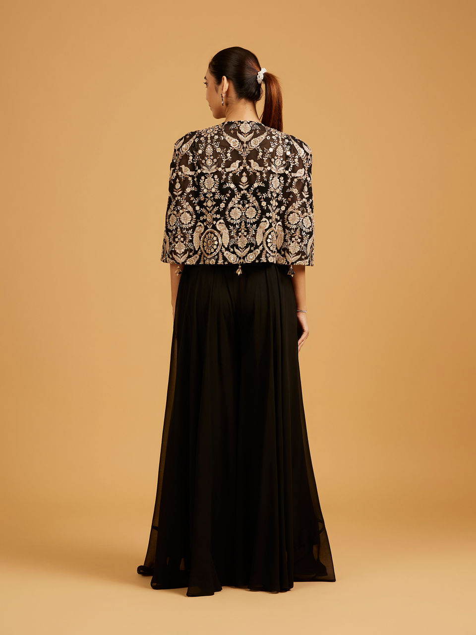 Mohey Women Midnight Black Bel Buti Embroidered Indo Western with Bird Motifs And Sequin Work