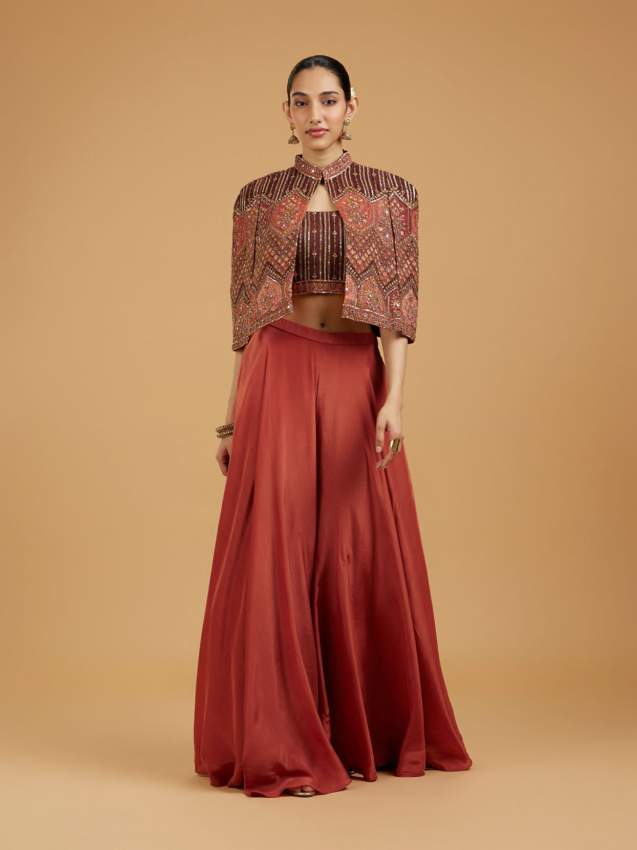 Mohey Women Gleaming Brown Satin Indo Western