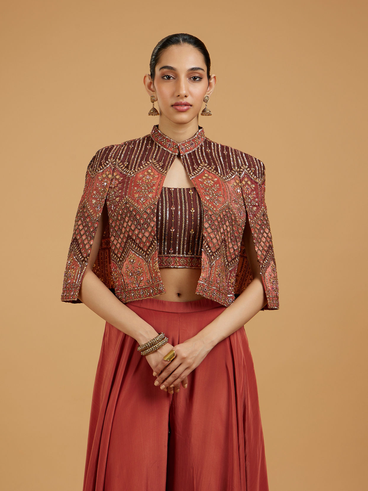 Mohey Women Gleaming Brown Satin Indo Western
