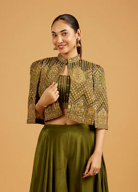 Mohey Women Forest Moss Indo Western with Sequin And Mirror Embellished Cape Blouse
