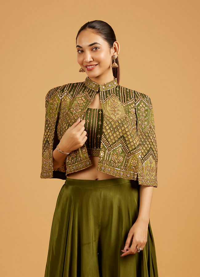 Mohey Women Forest Moss Indo Western with Sequin And Mirror Embellished Cape Blouse