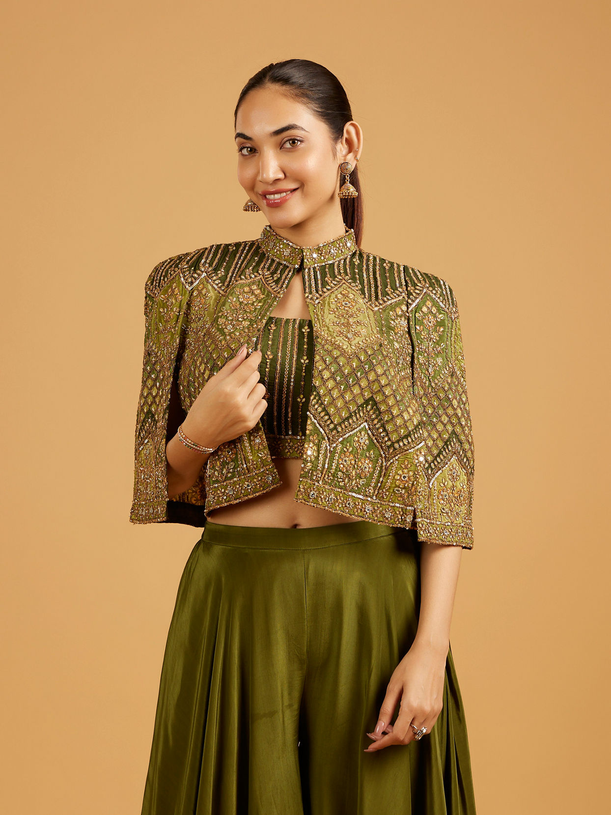 Mohey Women Forest Moss Indo Western with Sequin And Mirror Embellished Cape Blouse