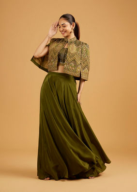 Mohey Women Forest Moss Indo Western with Sequin And Mirror Embellished Cape Blouse