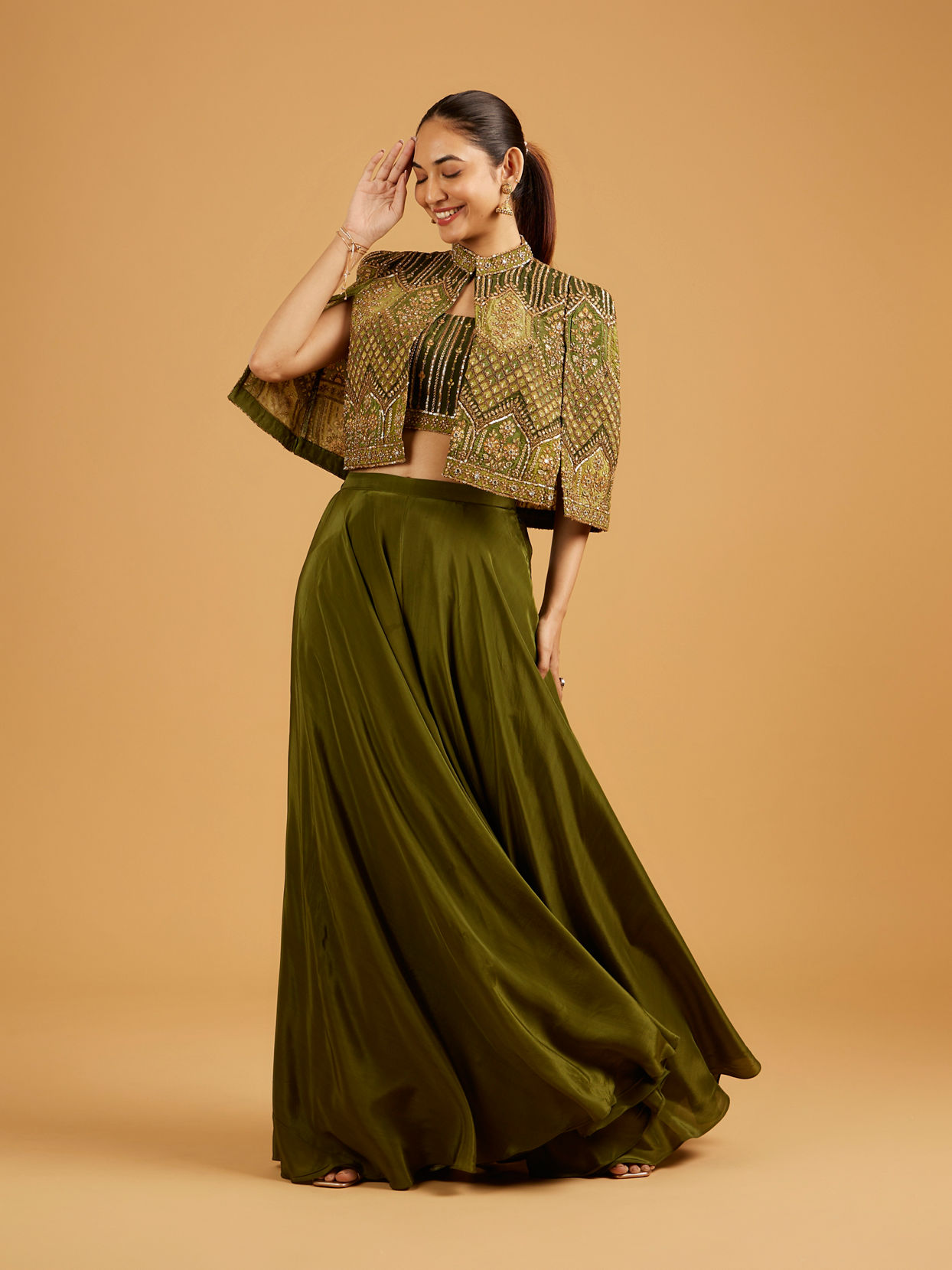 Mohey Women Forest Moss Indo Western with Sequin And Mirror Embellished Cape Blouse