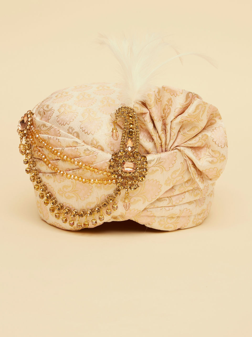 Manyavar Men Ivory White Safa with Embellished Peacock Brooch