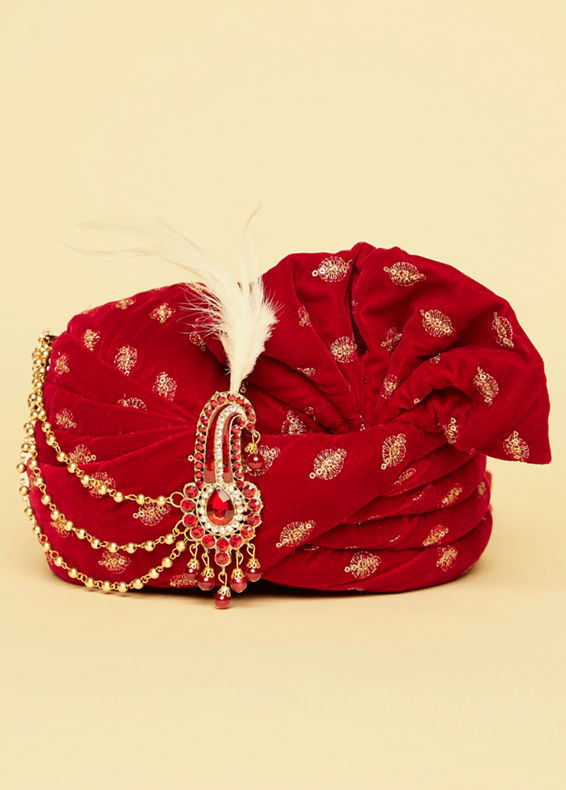 Manyavar Men Aurora Red Gold Embellished Safa