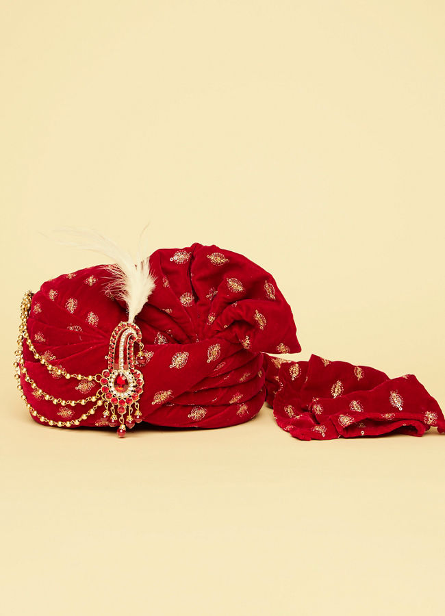 Manyavar Men Aurora Red Gold Embellished Safa