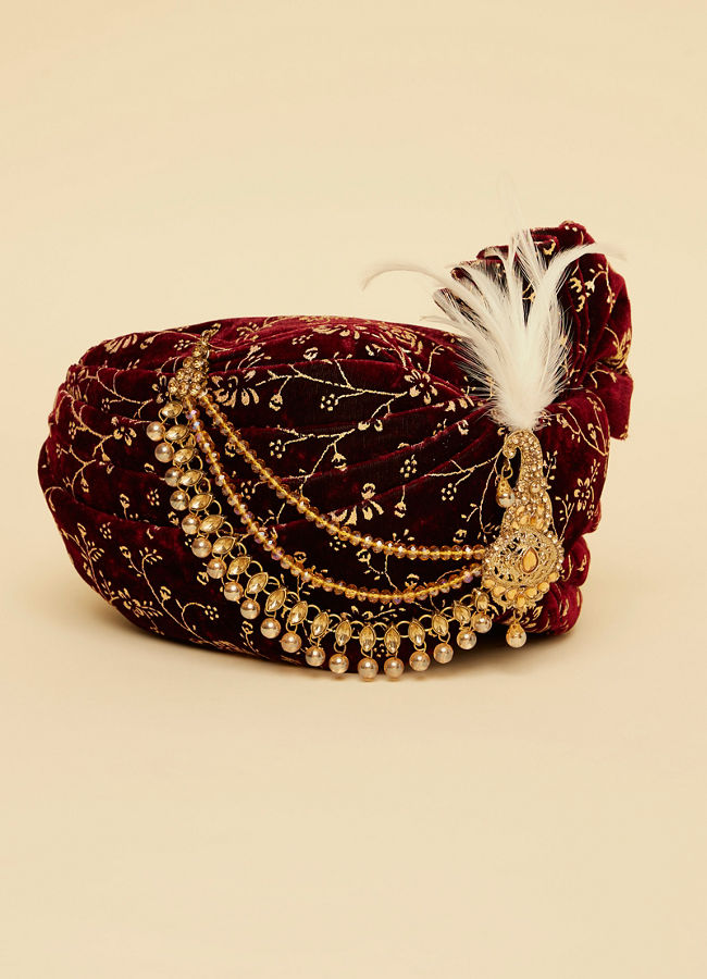 Buy Dark Maroon Floral Foil Printed Safa Online in India @Manyavar ...